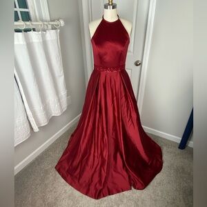 Red Halter Lace Up Satin Ballgown Evening Gown Dress with Sequined Waist Detail